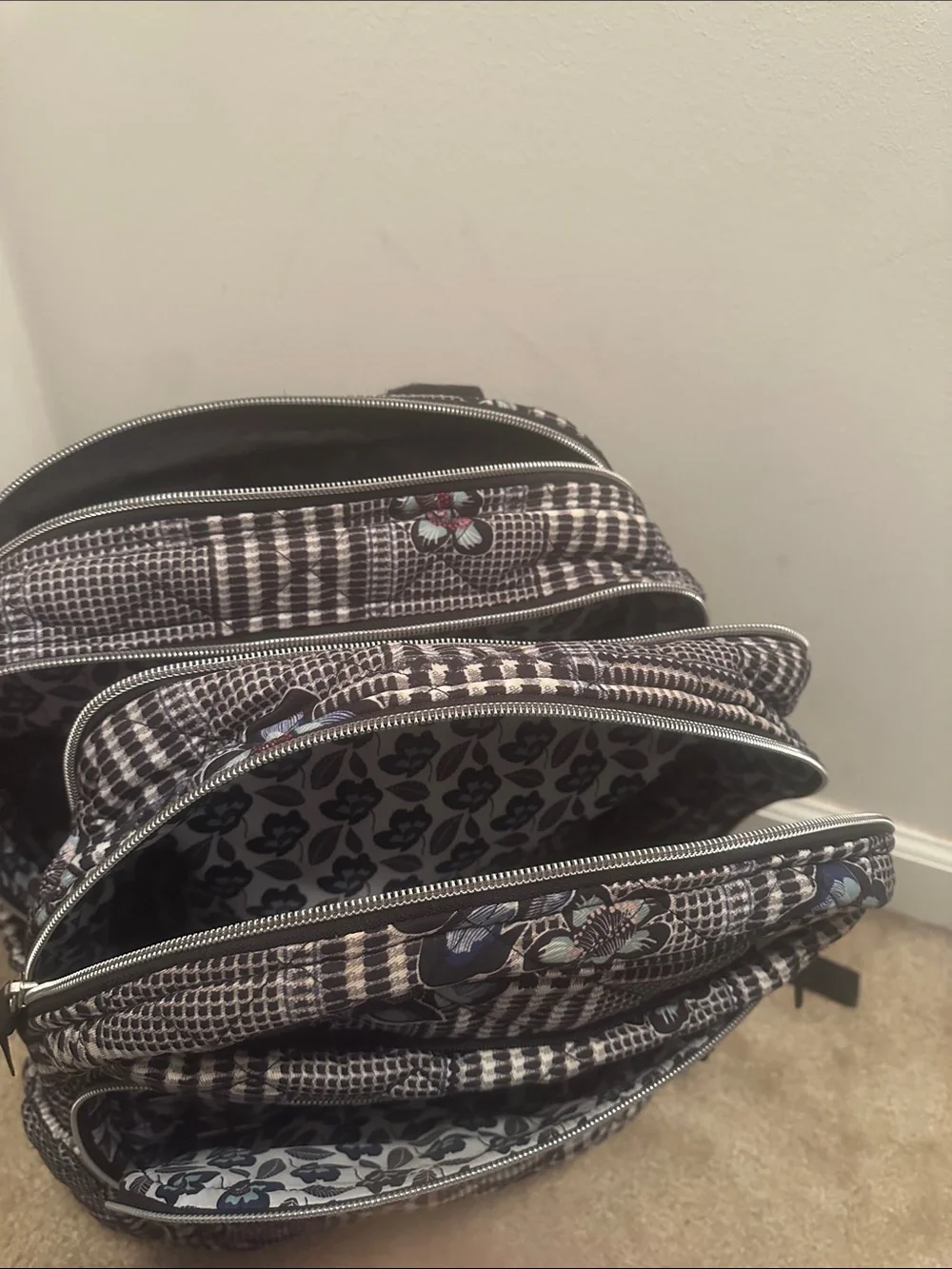 Vera Bradley Black White Plaid Backpack with Blue Floral Accents